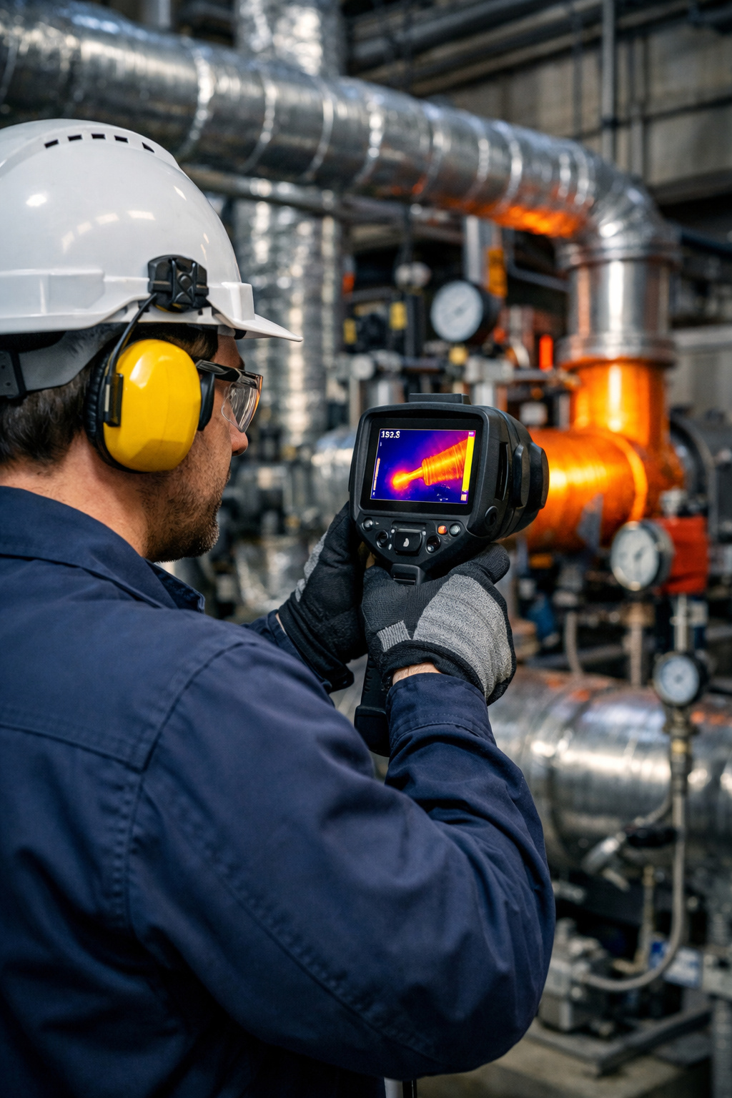 Thermal imaging camera performing electrical and mechanical thermography inspection on industrial equipment
